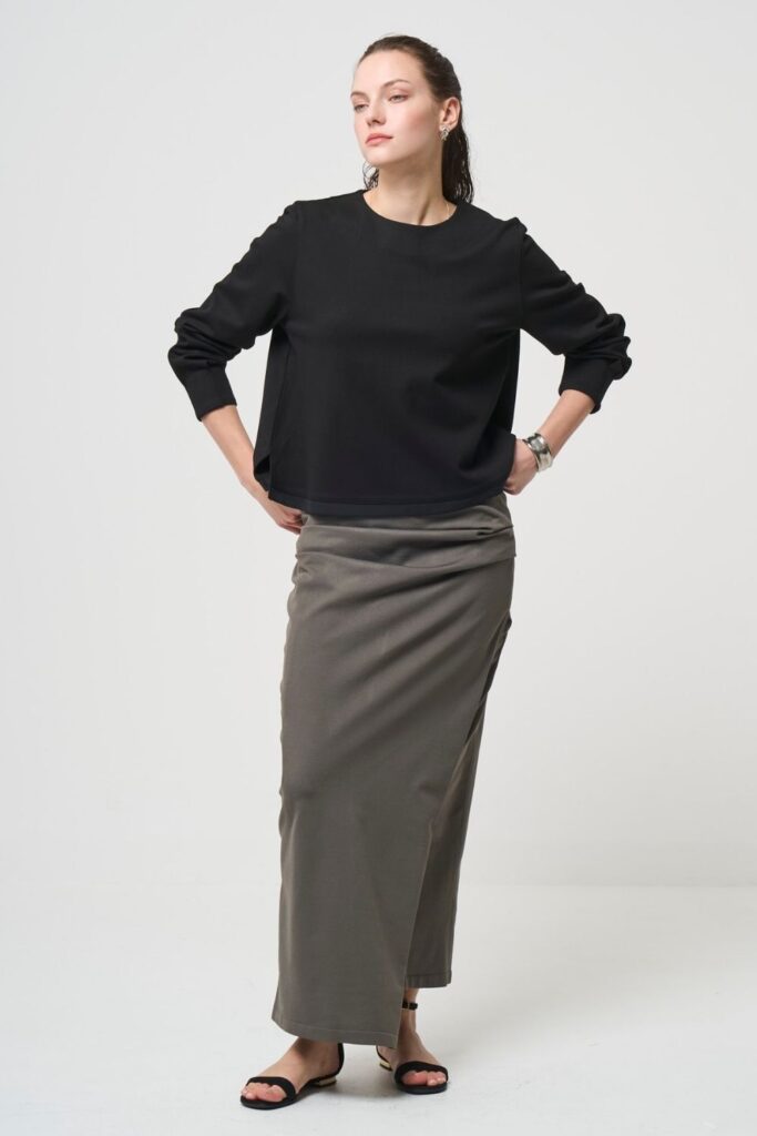 残りわずか Smooth Gather Knit Skirt - TAUPE - seven dot (06)