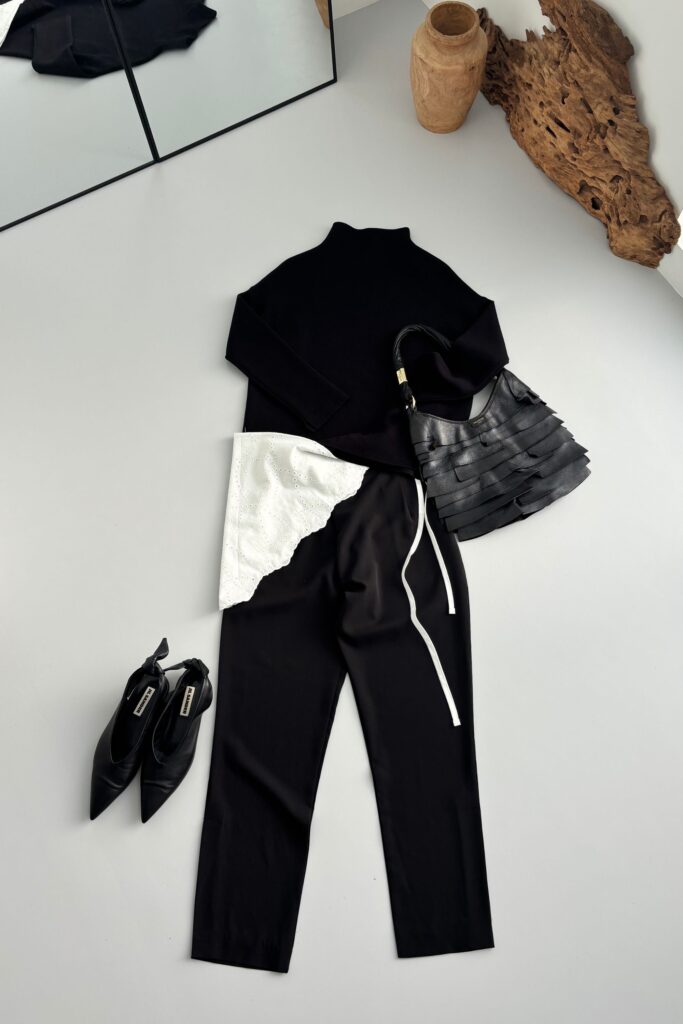 Cotton Lace Triangle Scarf - BLACK・WHITE - seven dot (01)